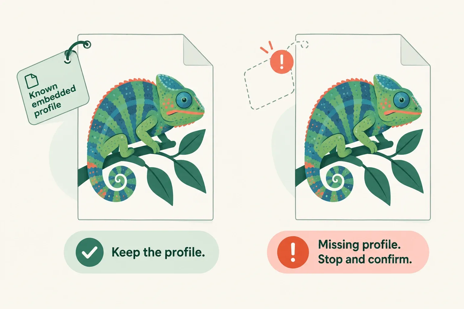Two possible export states: keep a known embedded profile; stop and confirm the intended profile when it is missing.