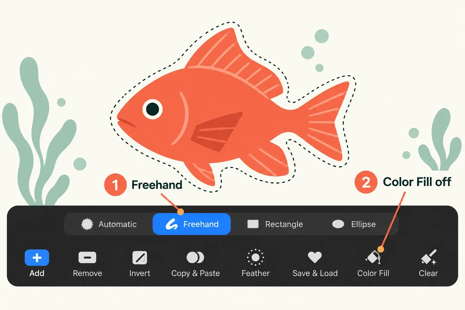 Freehand selected in the Selection toolbar with Color Fill inactive and a dotted boundary around a coral fish.