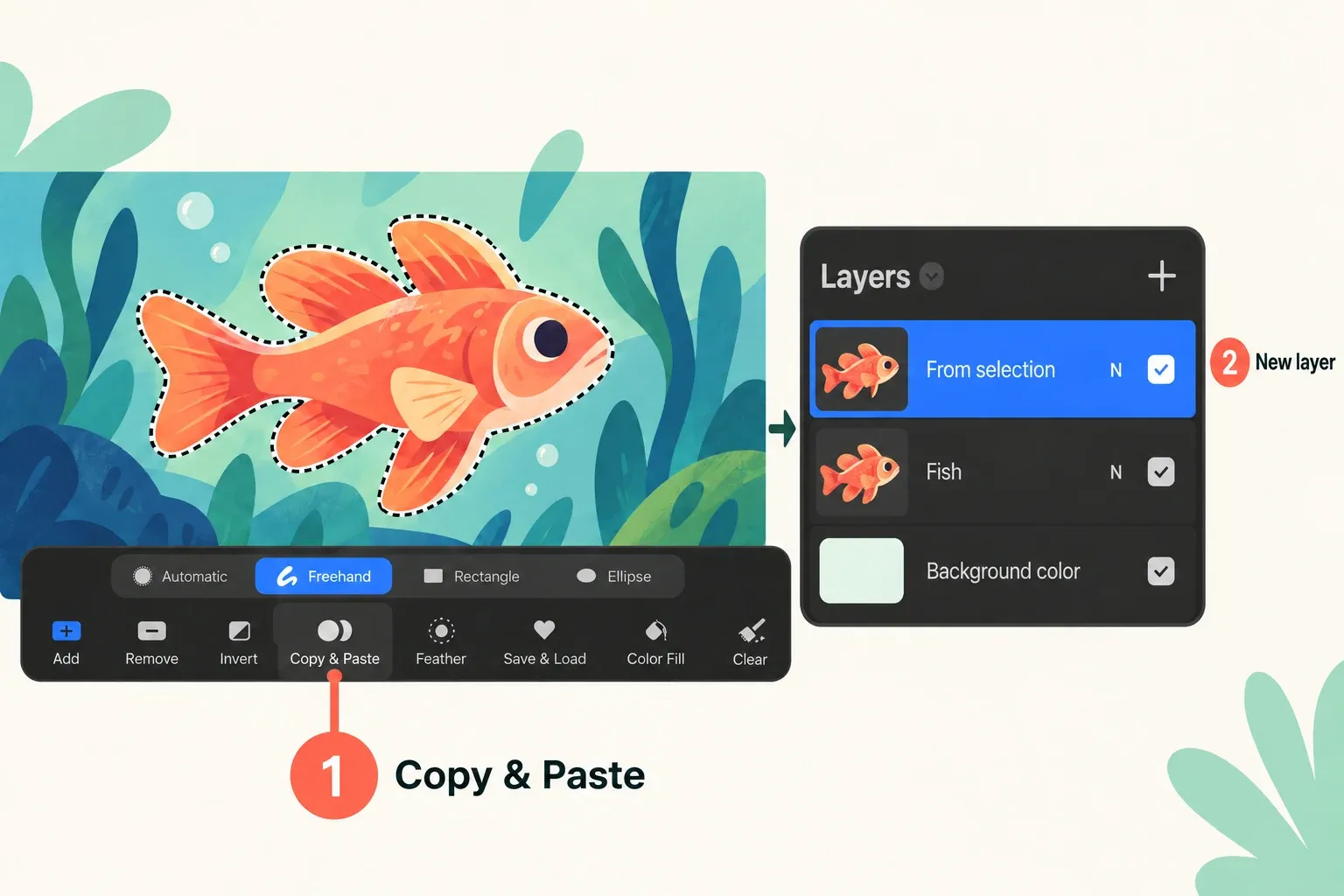 Copy & Paste in the Selection toolbar leads to a selected From selection layer above the unchanged Fish source layer.