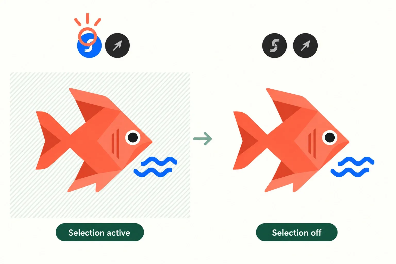 With Transform already inactive, tapping the blue Selection ribbon removes the diagonal shading around the fish.