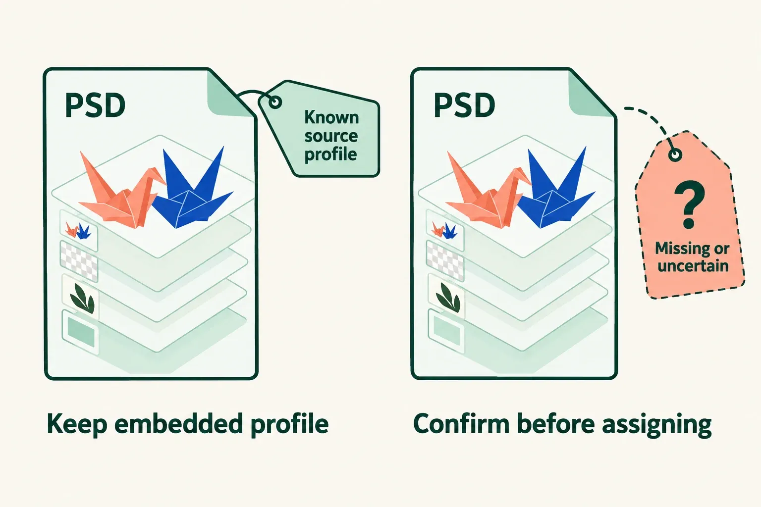 A known source profile stays attached to the PSD; a missing or uncertain profile needs confirmation before assigning one.