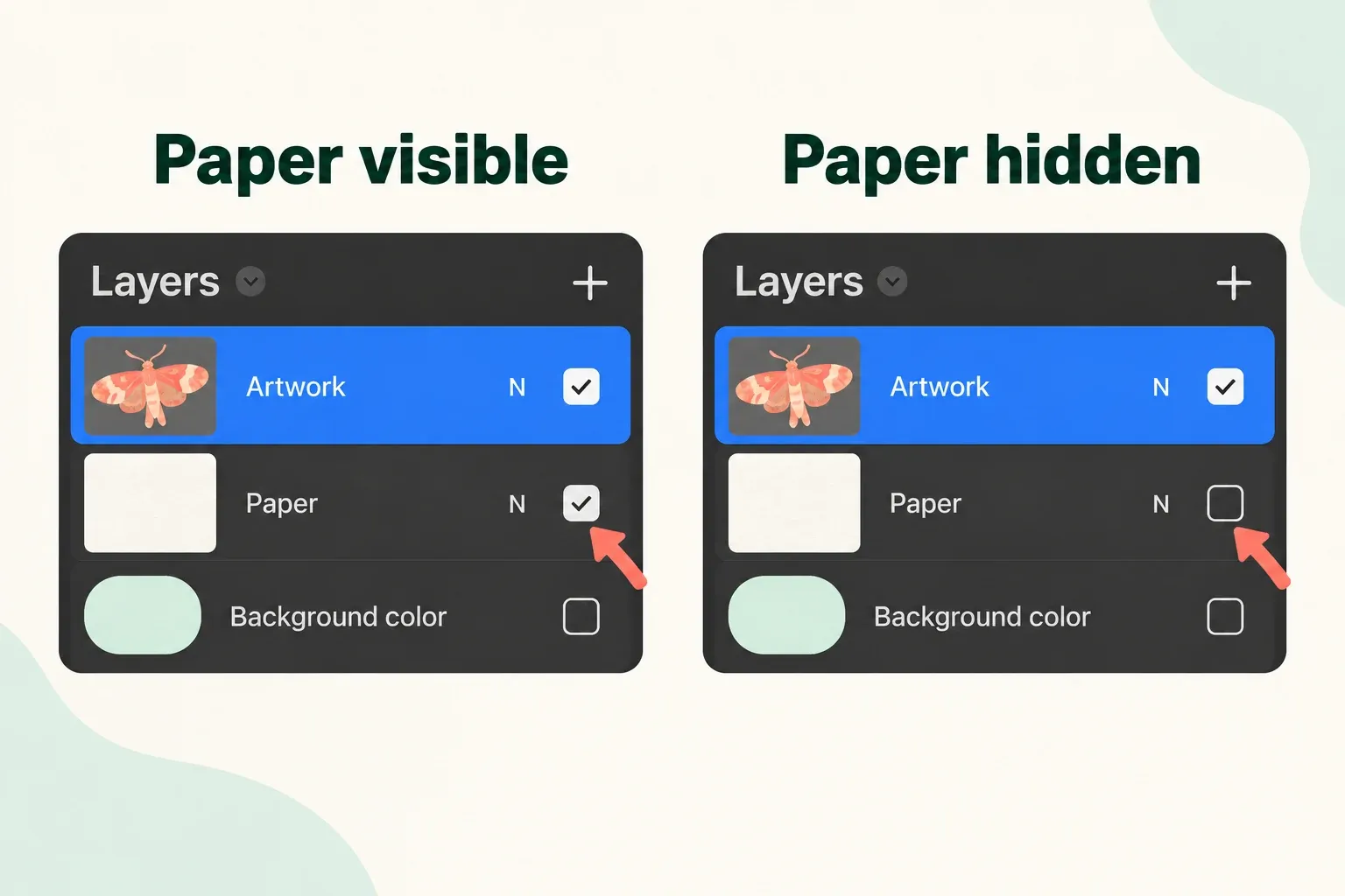 Two Layers states with Background color hidden in both, while Paper changes from visible to hidden.