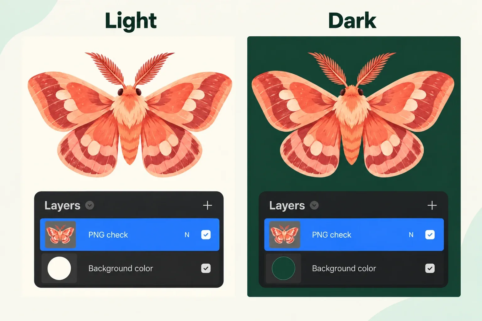Same PNG cutout placed over light and dark Background color settings in a temporary check canvas.
