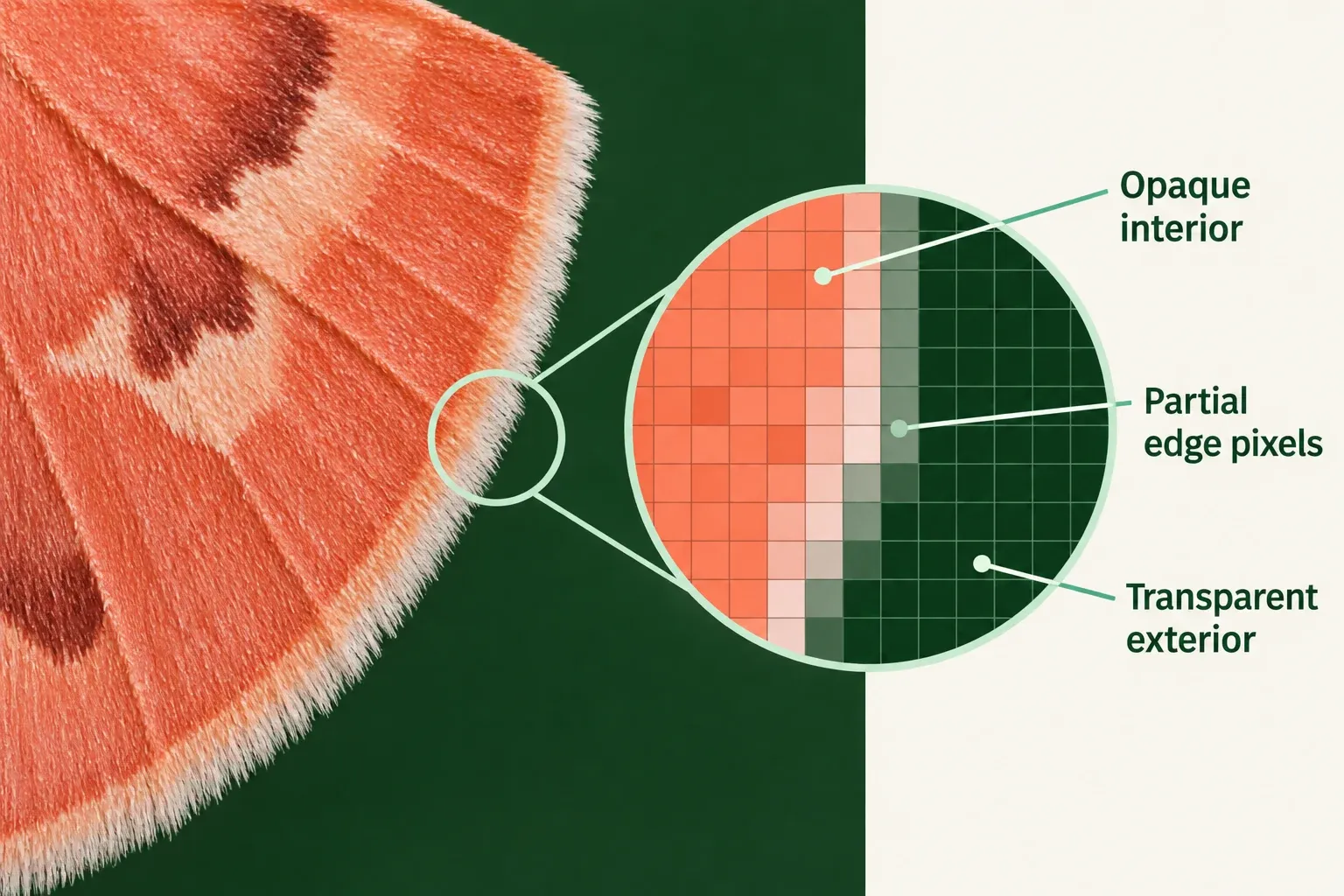 Magnified cutout edge with opaque coral interior, partially transparent pale-tinted edge pixels and transparent exterior over dark green.