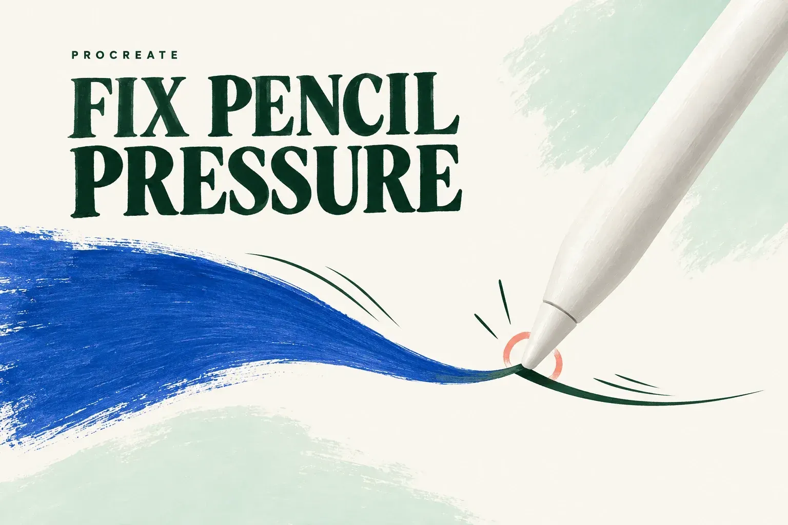 Stylus tip beside a brush mark tapering from broad to fine, with the words Fix Pencil Pressure.