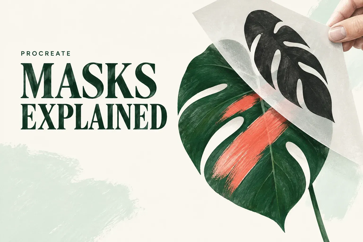 Leaf shape with confined coral paint and an offset black-and-white visibility sheet beside the words Masks Explained.