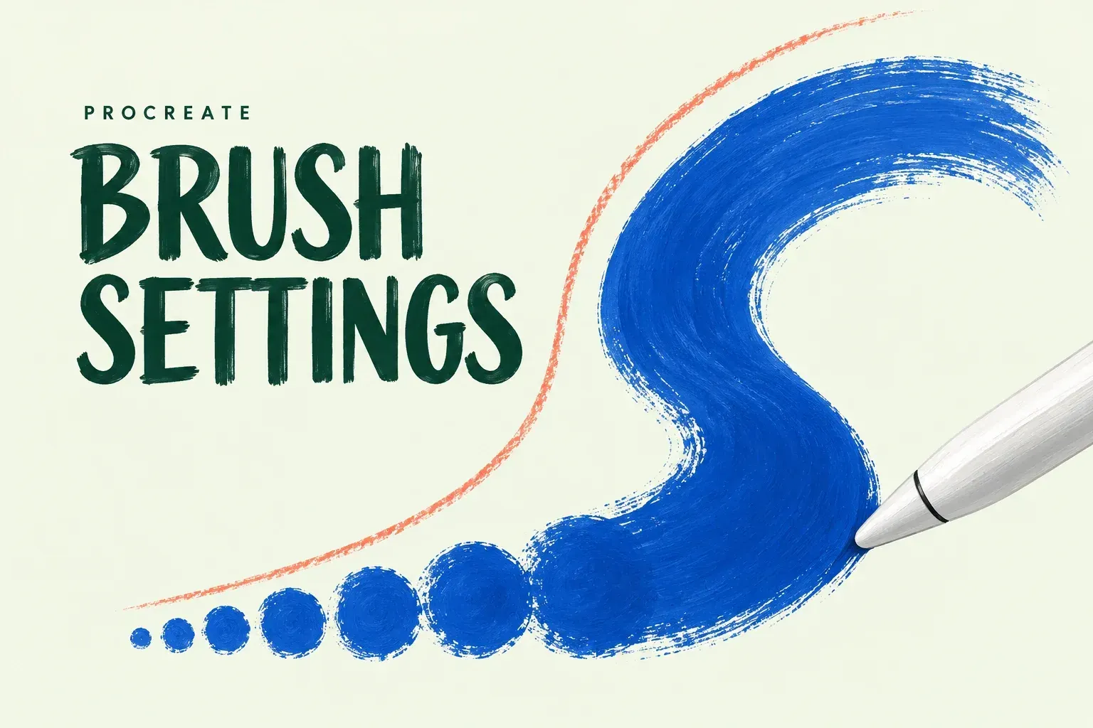 Stylus beside a cobalt stroke that changes from separated brush stamps into a continuous curve, with the title Brush Settings.
