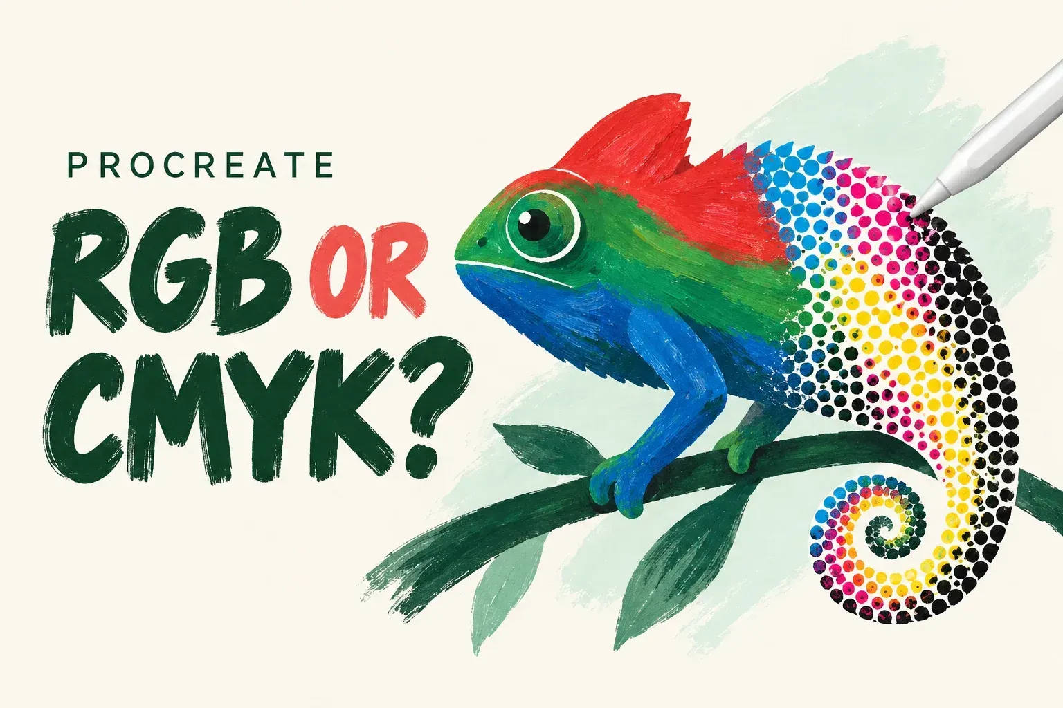 A chameleon uses RGB bands and CMYK ink dots beside the words RGB or CMYK?