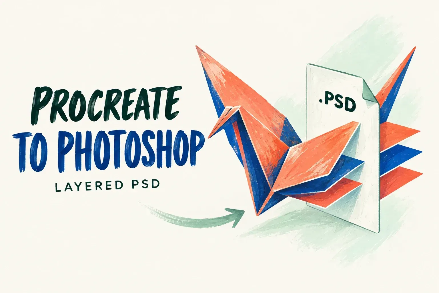 Separate layers of a paper-crane drawing pass through a PSD file beside the words Procreate to Photoshop.