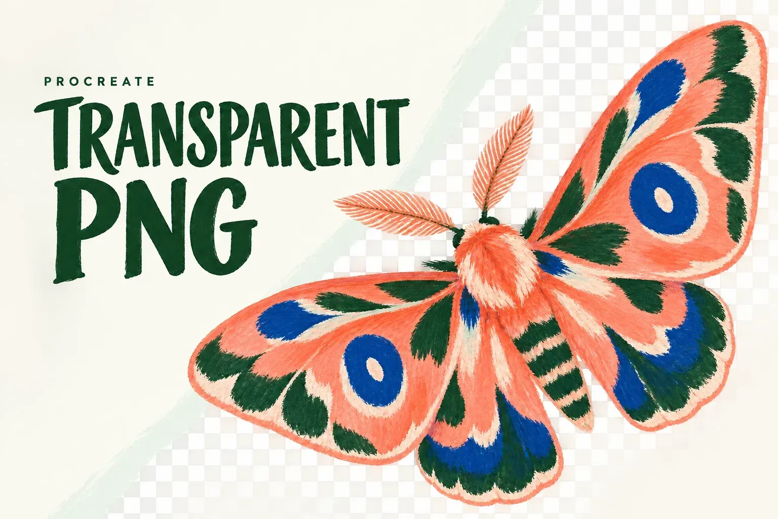 Coral moth cutout over a light checkerboard and mint field beside the words Transparent PNG.