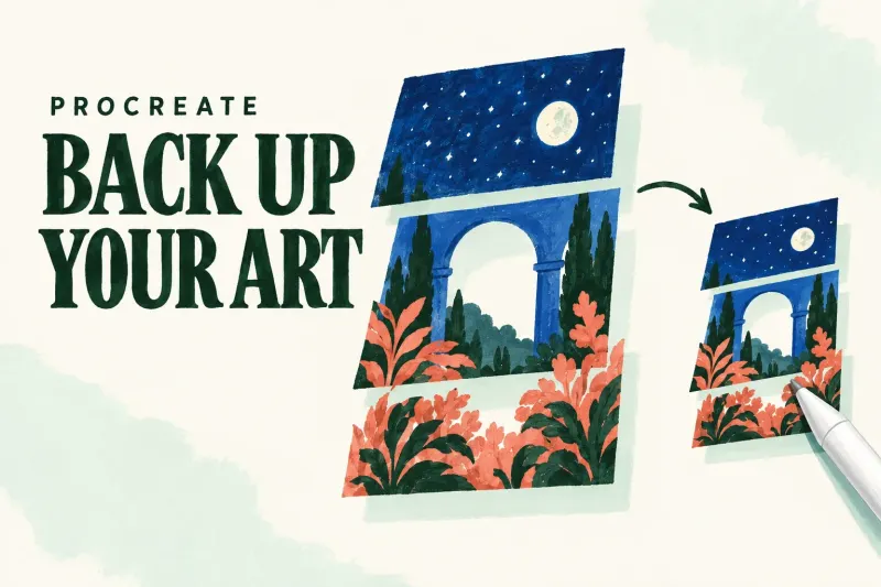 A night-garden artwork and a separate layered copy beside the words Back Up Your Art.