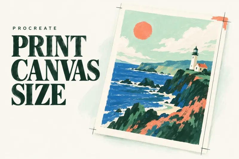 Portrait coastal print with trim marks and a dimension line beside the words Print Canvas Size.