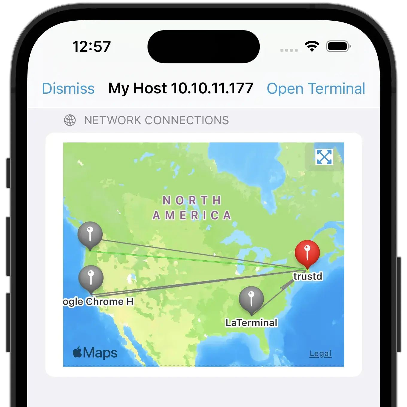 Screenshot of a host's network traffic rendered on a map of the United States in La Terminal