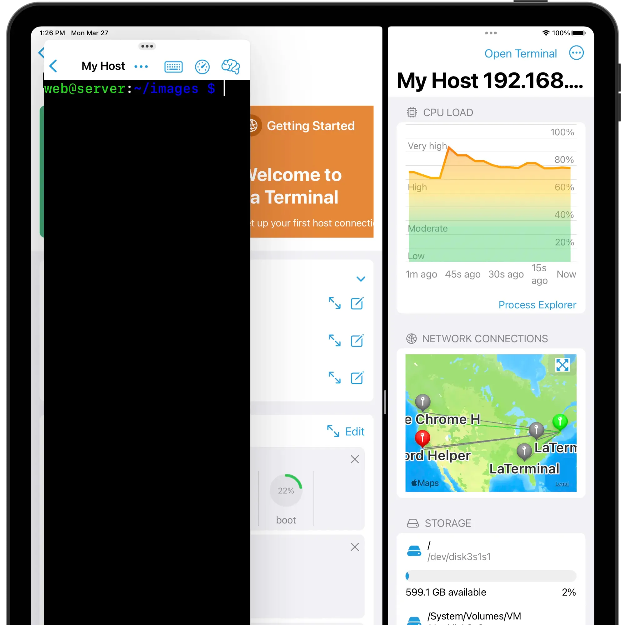 Screenshot of La Terminal on an iPad with resource monitors pulled to a sidebar and a terminal open in a window