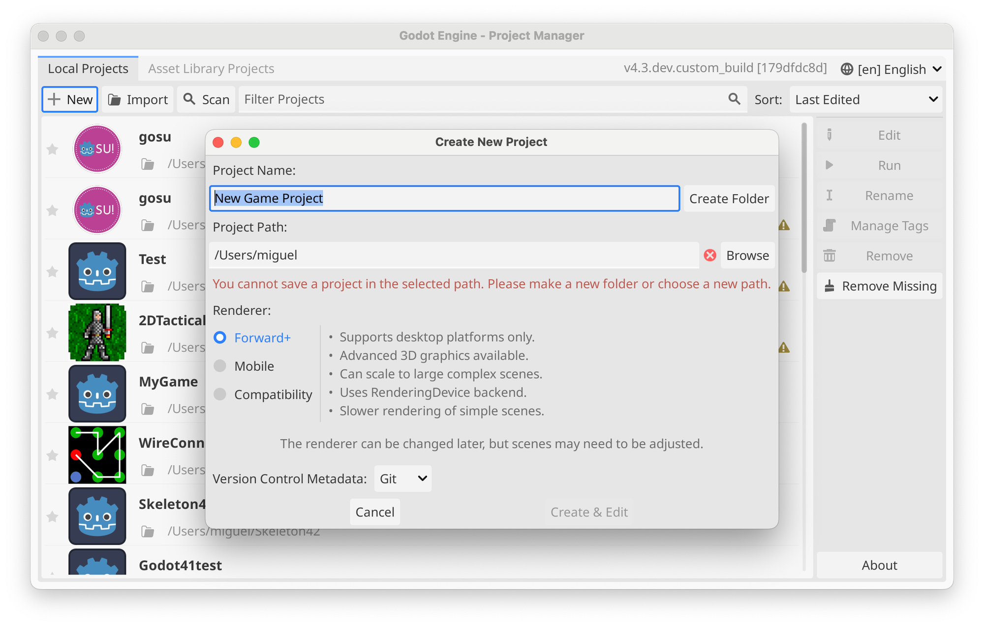 Screenshot showing the Godot Project Manager