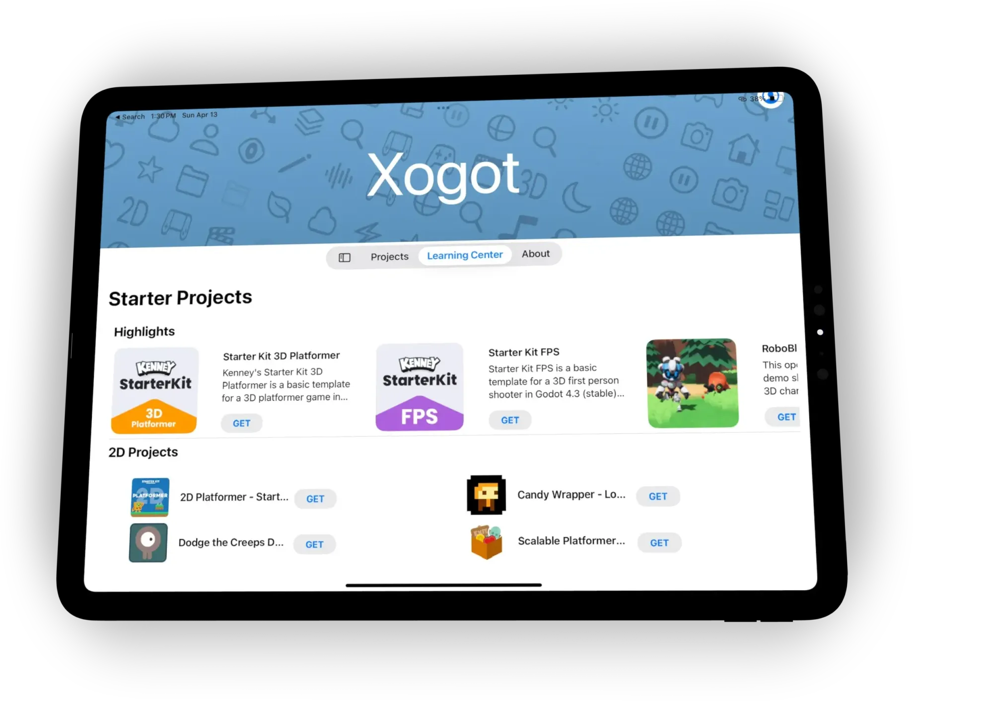 An iPad running Xogot with Starter Projects listed on the home page