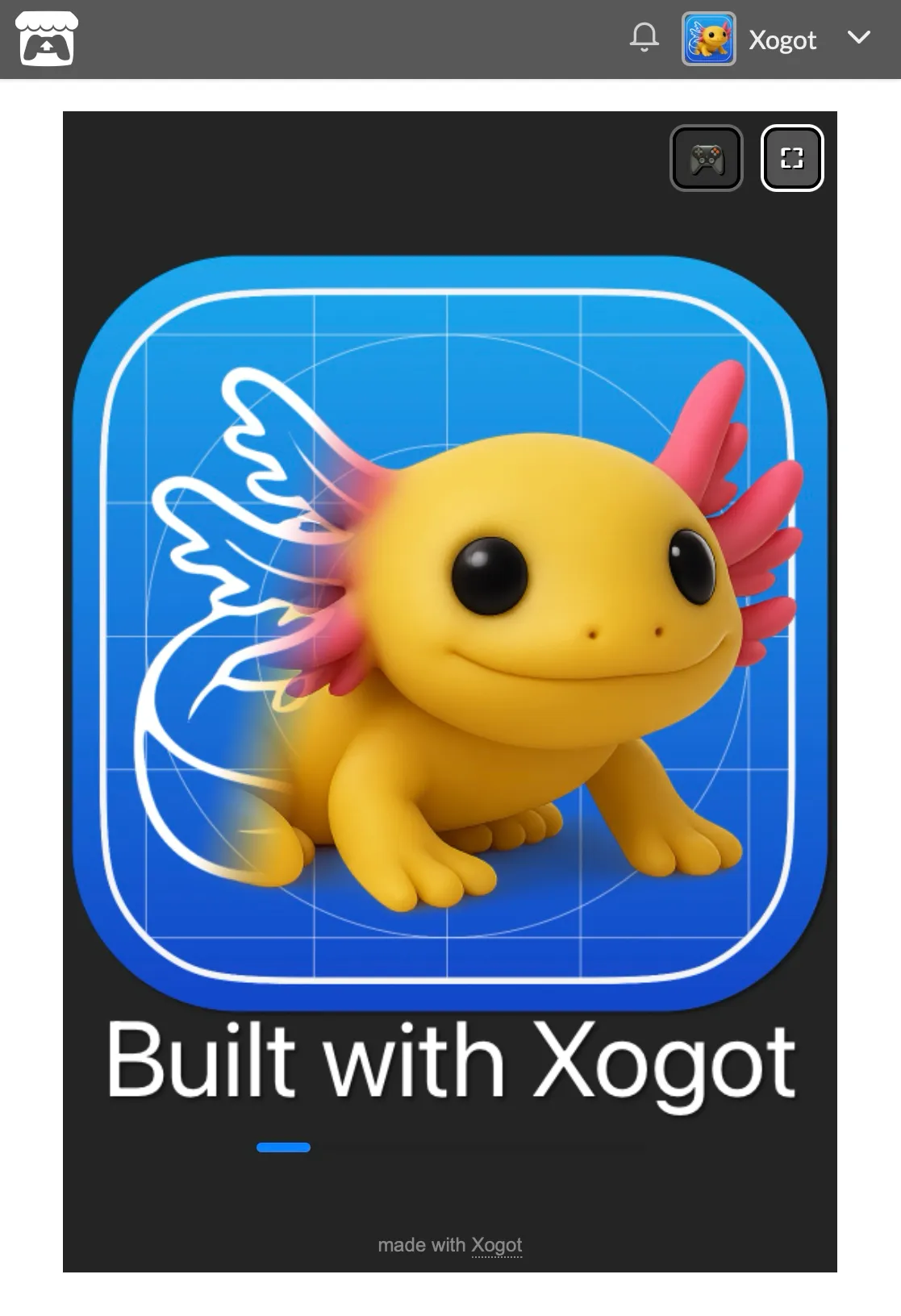 A game loading on itch.  While loading, the Xogot axolotl app icon is shown with the text "Built with Xogot"