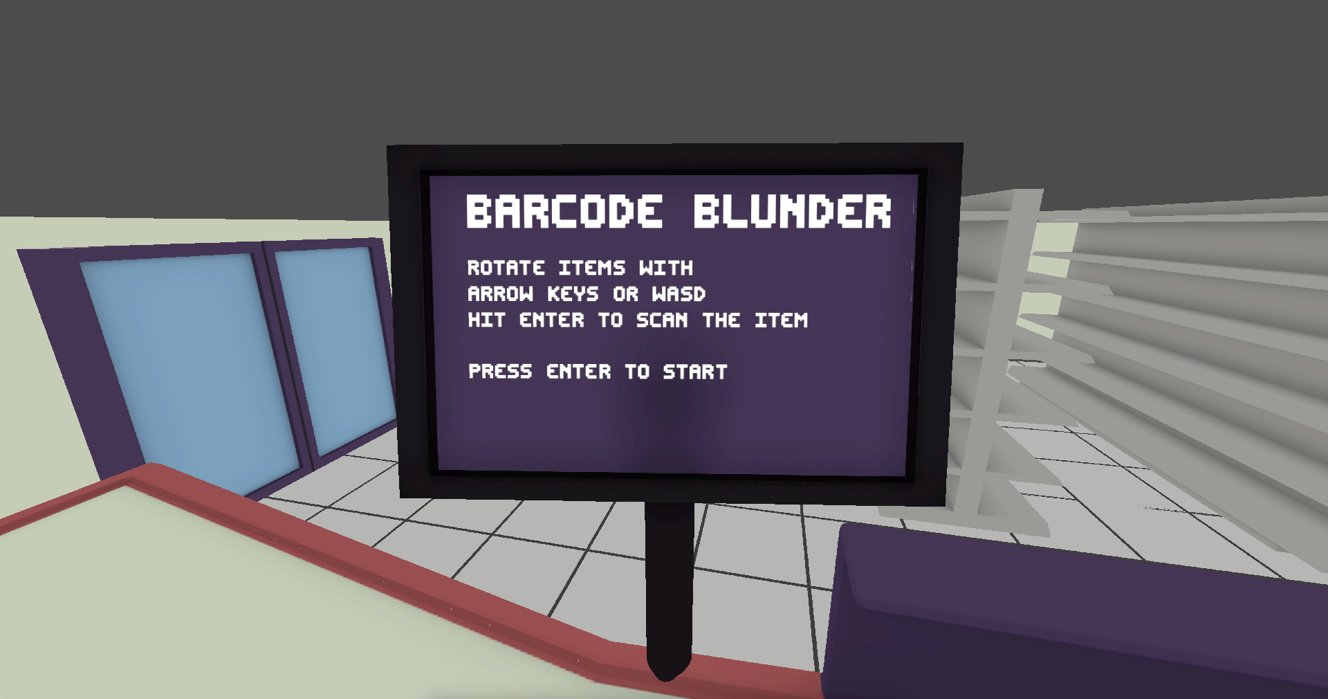 Barcode Blunder screenshot of 3D modeled cashier screen showing game instructions