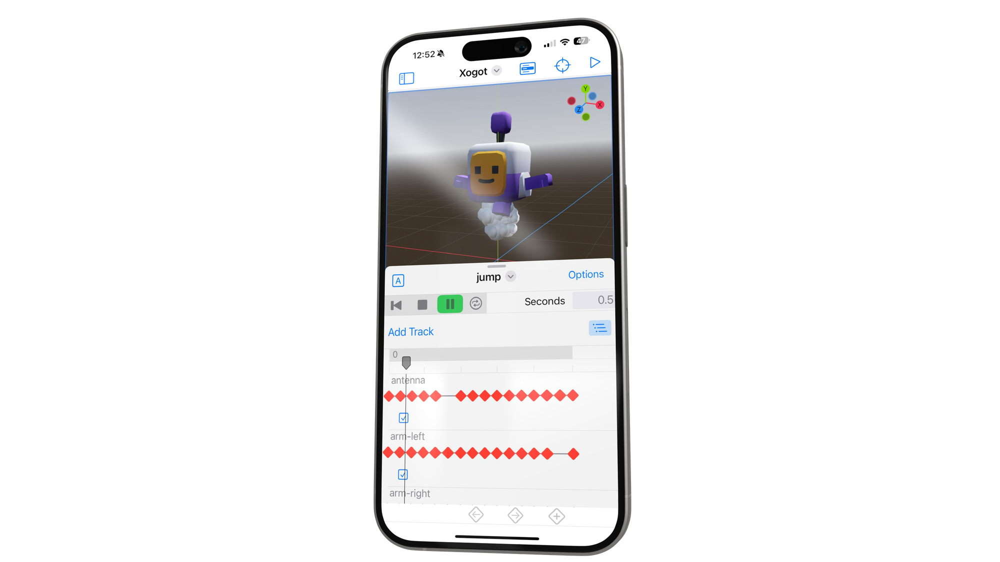 Xogot Animation editor editing a player animation on the iPhone