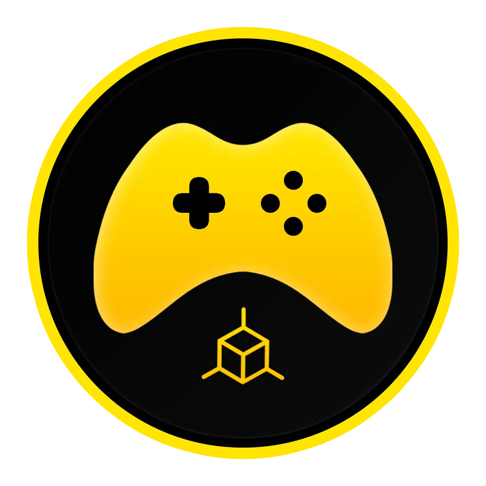 StayAtHomeDev logo - Yellow and black circle featuring a gamepad and a cube