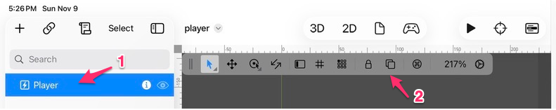 Screenshot of Xogot highlighting how to group nodes in the 2D viewport