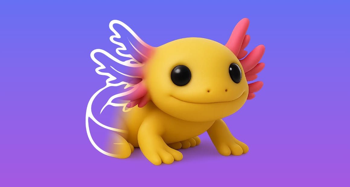 The Xogot mascot - an Axolotl fading from 2D drawing on the left to 3D rendering on the rig