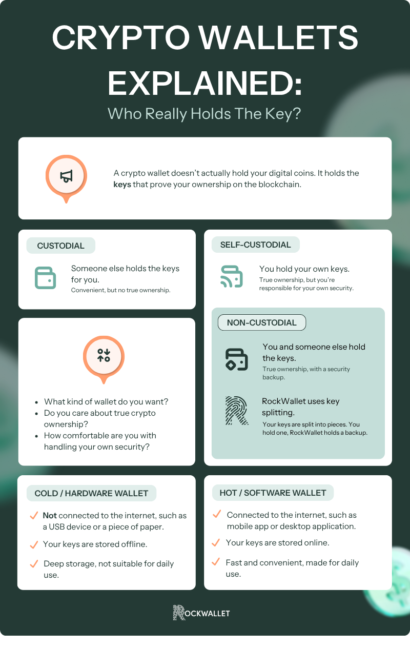 Crypto wallet explained infographic showing how a crypto wallet works, including custodial vs non-custodial wallets, self-custody, hot wallets vs cold wallets, and hardware vs software wallets.