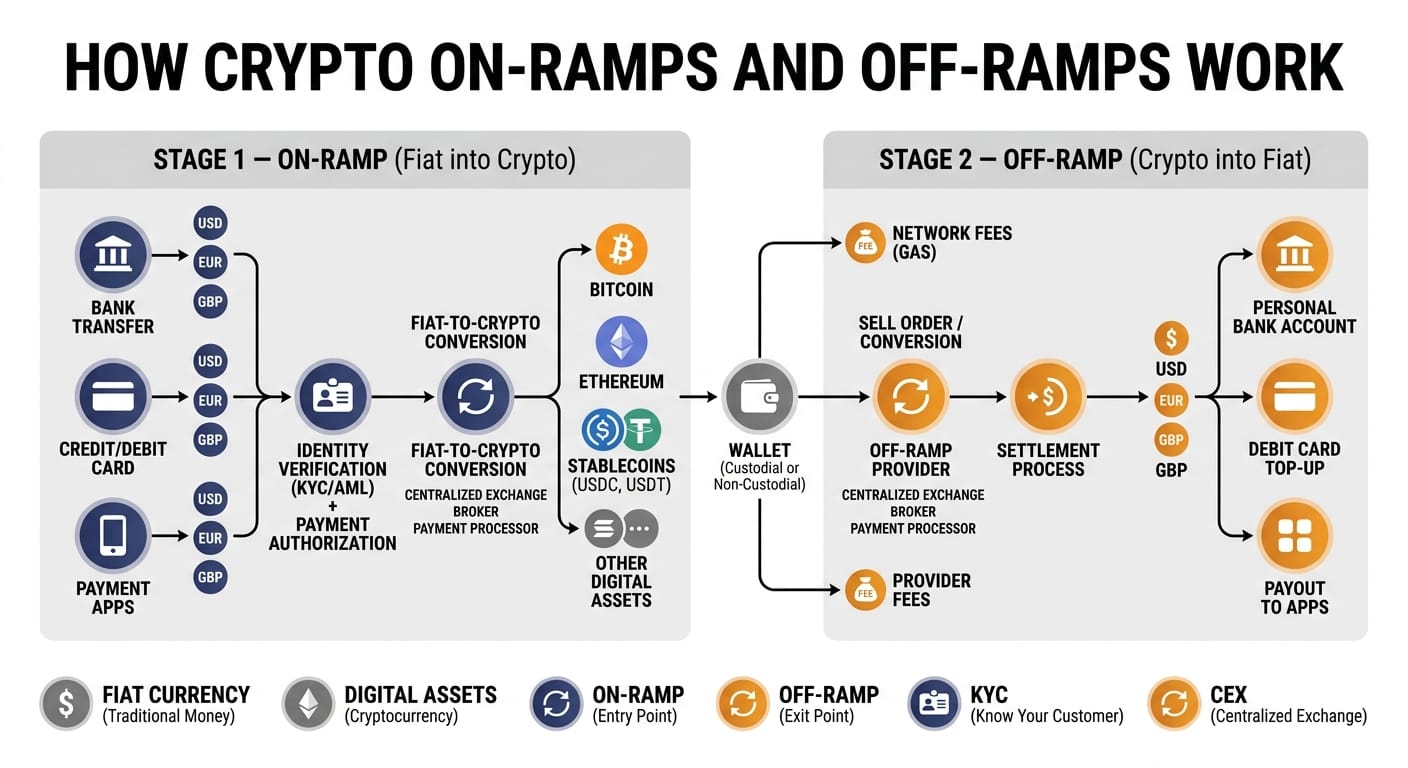 how crypto on-ramps convert fiat currency into digital assets and off-ramps convert crypto back into fiat, including identity verification, wallet storage, and settlement to a bank account, debit card, or app.