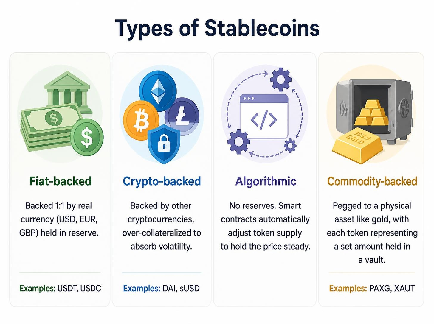 four types of stablecoins: fiat-backed, crypto-backed, algorithmic, and commodity-backed