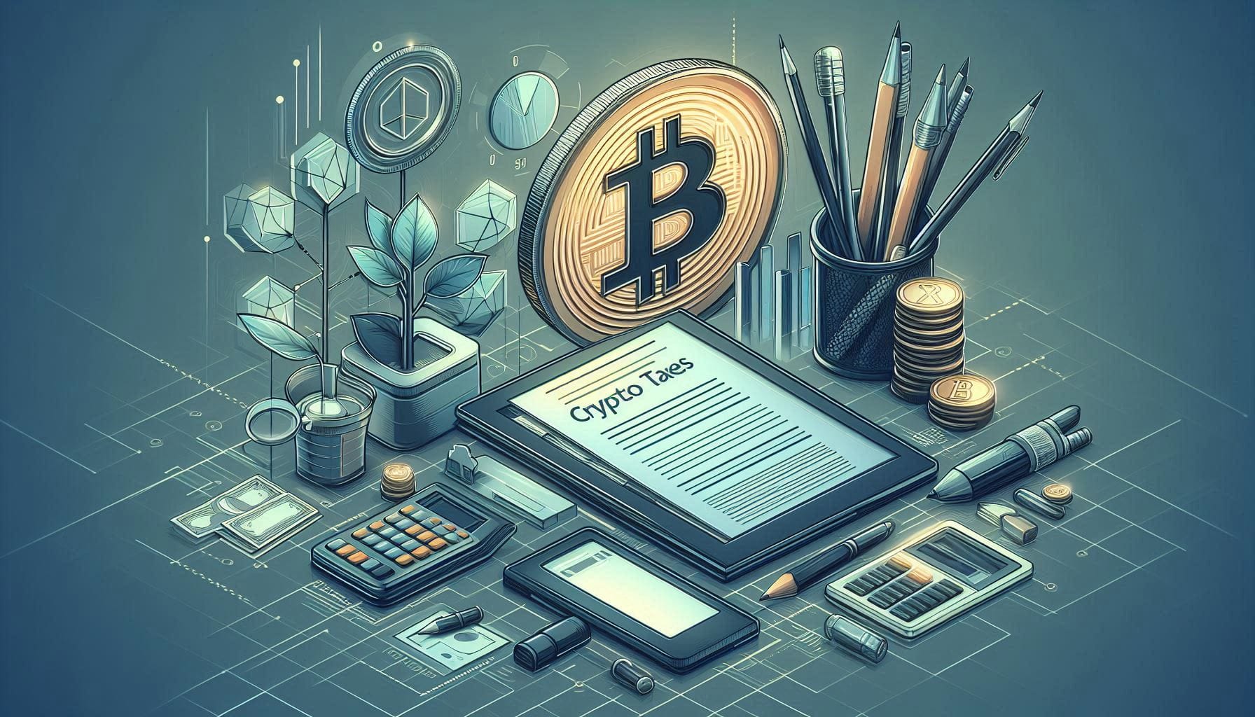 Illustration of a desk with a 'Crypto Taxes' document, calculator, and Bitcoin coin, representing calculating crypto tax obligations
