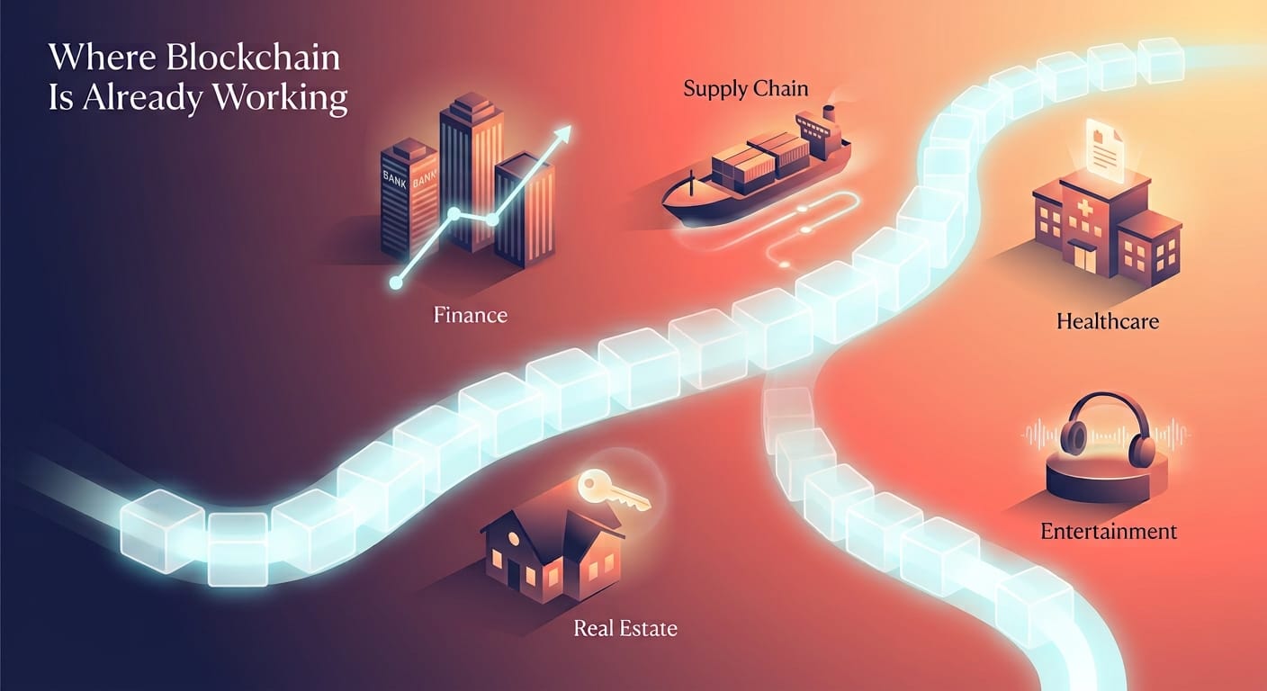 Illustration of a glowing blockchain chain winding through five industries: finance, supply chain, healthcare, real estate, and entertainment, each shown as a small connected scene along the path