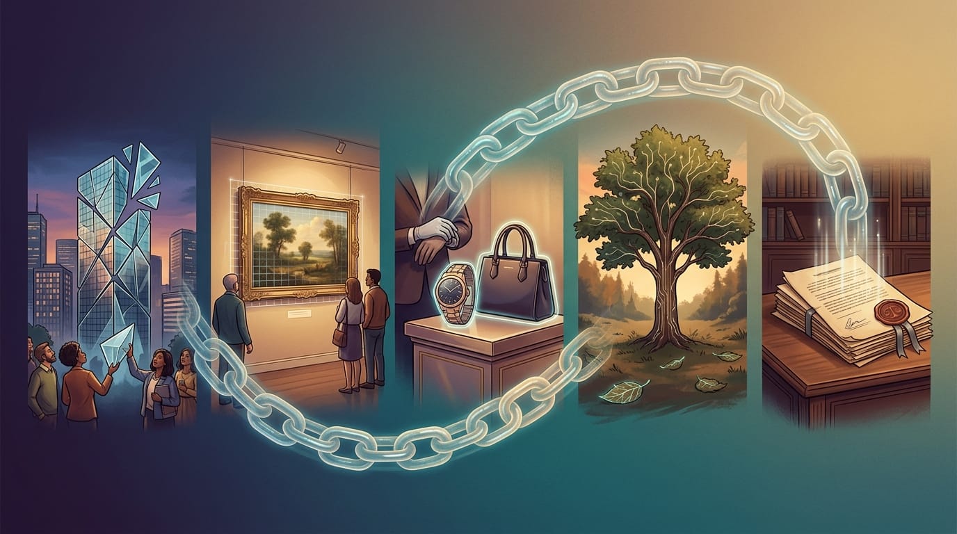 Illustration of five scenes connected by a glowing blockchain chain, representing tokenization trends: a fractured glass skyscraper with onlookers, a couple viewing a framed painting in a gallery, a luxury watch and handbag displayed on a pedestal, a tree with fallen leaves, and a sealed stack of documents on a desk.