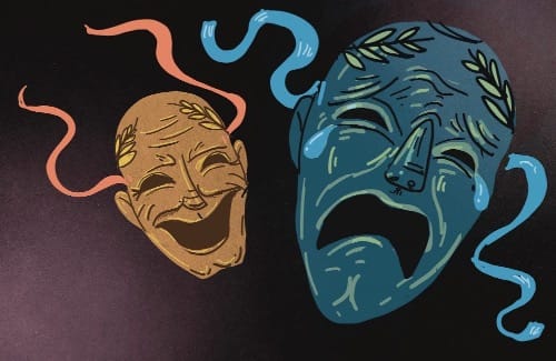 Illustration of comedy/tragedy masks/ Artwork by local artists and members of ICNW