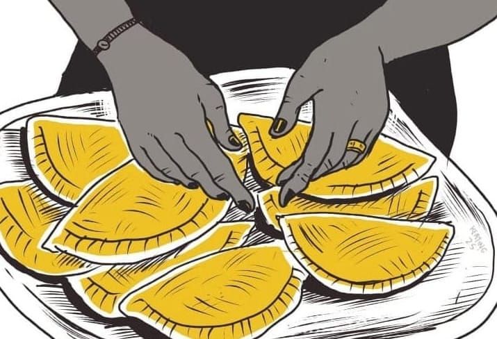 illustration of a woman's hands arranging empanadas on a plate.