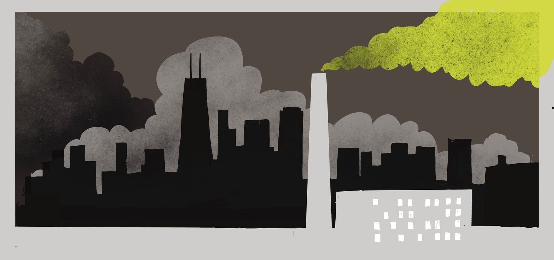 Illustration of smoke pouring from a smokestack in front of the Chicago skyline