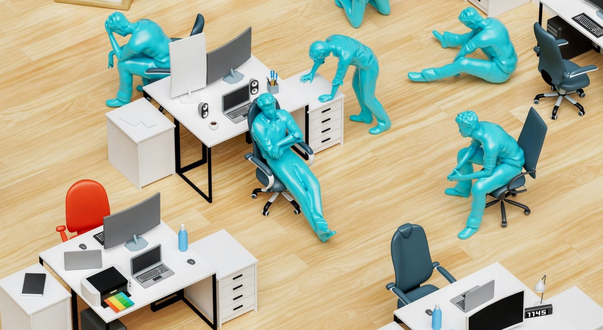 Plastic figures display emothions in an office.