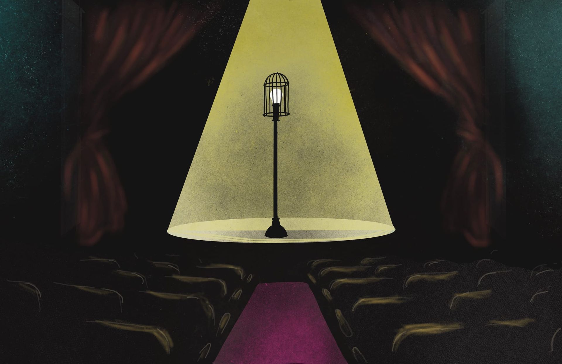 Illustration of a theater "ghost light" on stage in front of an empty theater/ Artwork by local artists and members of ICNW