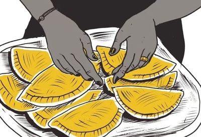 illustration of a woman's hands arranging empanadas on a plate.