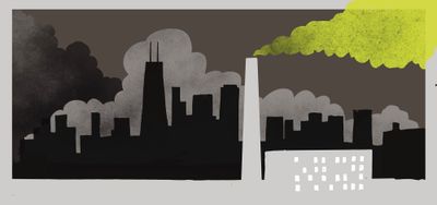 Illustration of smoke pouring from a smokestack in front of the Chicago skyline