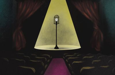 Illustration of a theater "ghost light" on stage in front of an empty theater/ Artwork by local artists and members of ICNW