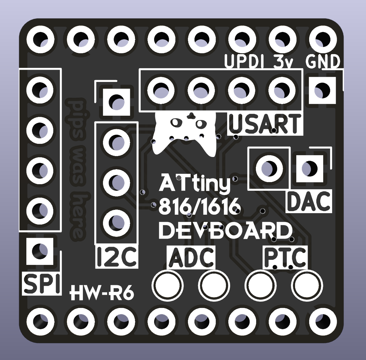 3D render of PCB, front side, showing pinouts for SPI, I2C, USART, DAC, ADC, PTC, and UPDI for programming