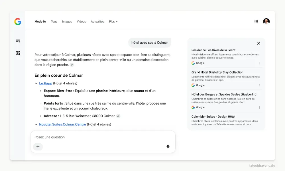 Mode IA de Google sur la requête « hôtel avec spa à Colmar » : les quatre établissements du panneau latéral renvoient vers des fiches Google Business Profile
