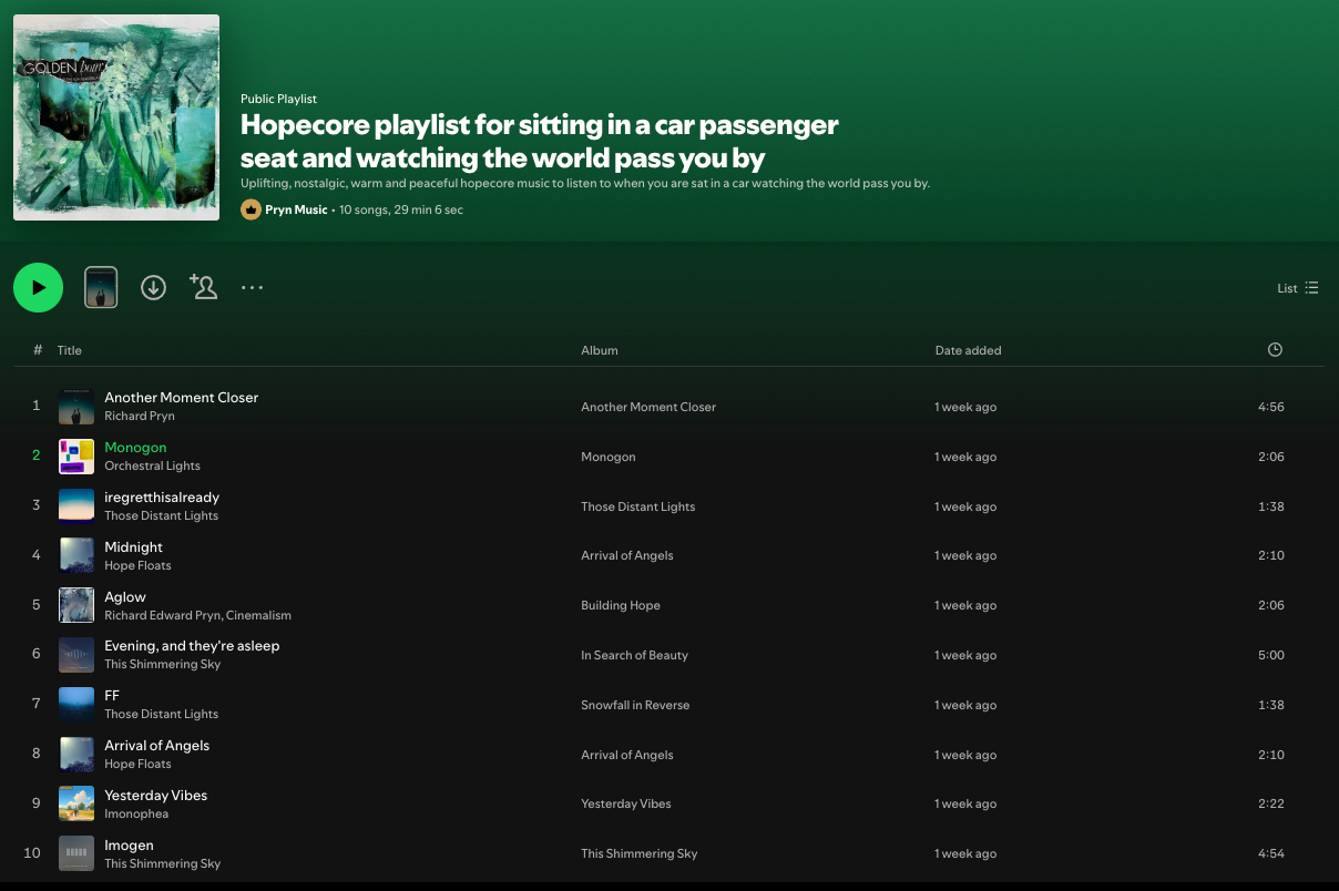 Screenshot of playlist Hopecore playlist for sitting in a car passenger seat and watching the world pass you by