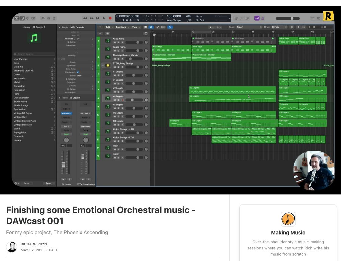Screenshot of the Making Music section of Richard Pryn's Substack