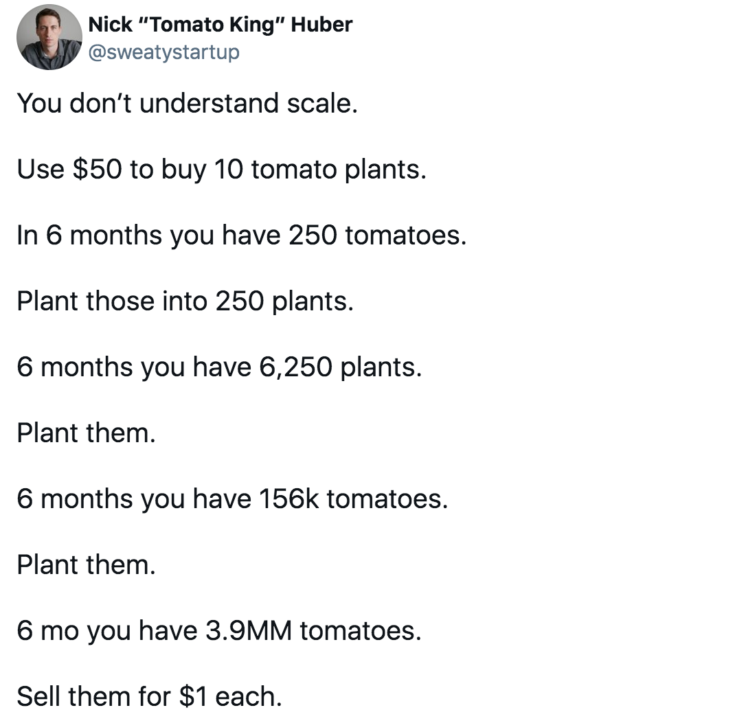 Nick "Tomato King" Huber (@sweatystartup) tweets: You don’t understand scale. Use $50 to buy 10 tomato plants. In 6 months you have 250 tomatoes. Plant those into 250 plants. 6 months you have 6,250 plants. Plant them. 6 months you have 156k tomatoes. Plant them. 6 mo you have 3.9MM tomatoes. Sell them for $1 each.