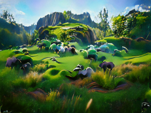 Steep cliffs encircle some grassy mesas, with clumps of grass in the foreground. Numerous lumps might be sheep, except they're purple and turquoise. Sharp focus and vignetting give the picture a great feeling of depth.