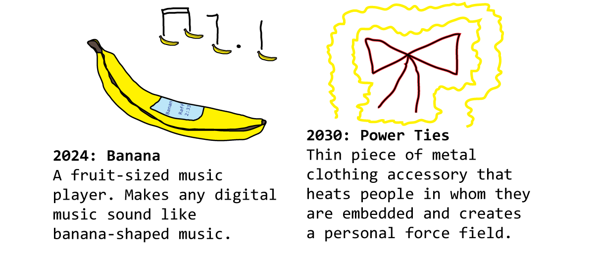 2024: Banana - A fruit-sized music player. Makes any digital music sound like banana-shaped music. 2030: Power Ties - Thin piece of metal clothing accessory that heats people in whom they are embedded and creates a personal force field.