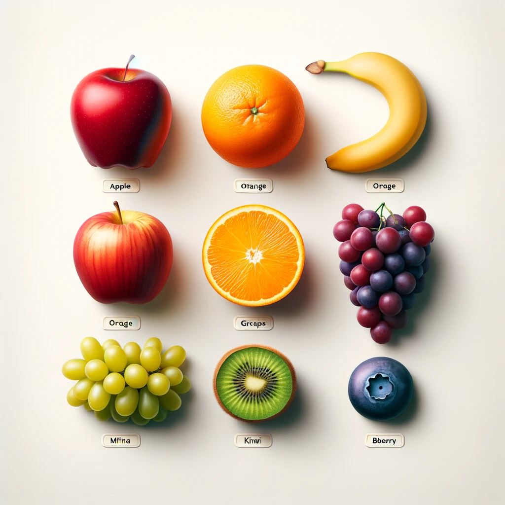 Very crisp photos of some fruits. An apple is labeled apple and an orange is labeled orange. So far so good. But next to the orange is a very curvy banana labeled Orage, and an apple labeled Orage. A cut-open orange is labeled Grcaps. A weirdly spherical bunch of grapes is labeled Mffna. A kiwi is labeled khwi, and a single giant blueberry is labeled Bberry.