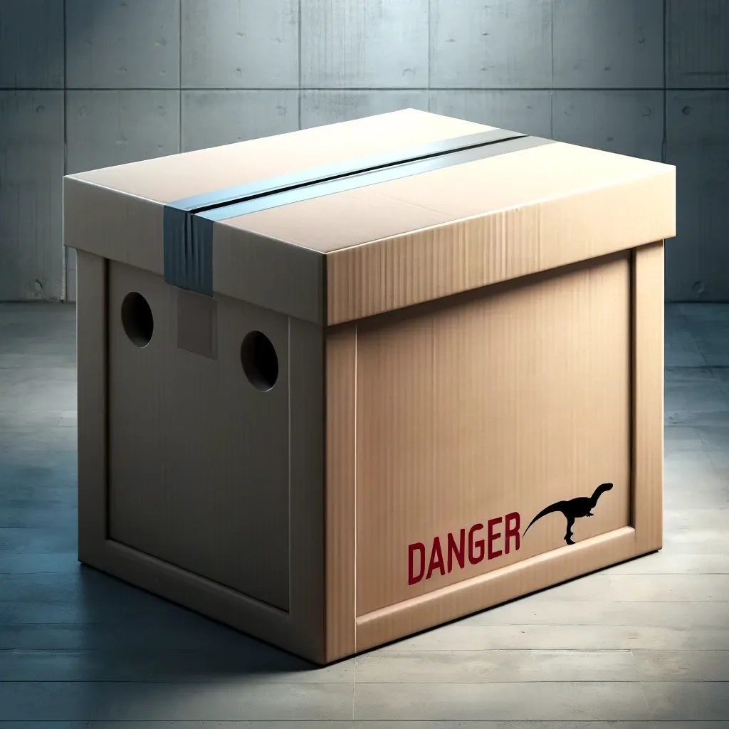 The line of symbols has been replaced by the word Danger in red all-caps. Beside the words, facing away from them, is a skinny-necked two-legged dinosaur that might be some kind of dromeosaur.