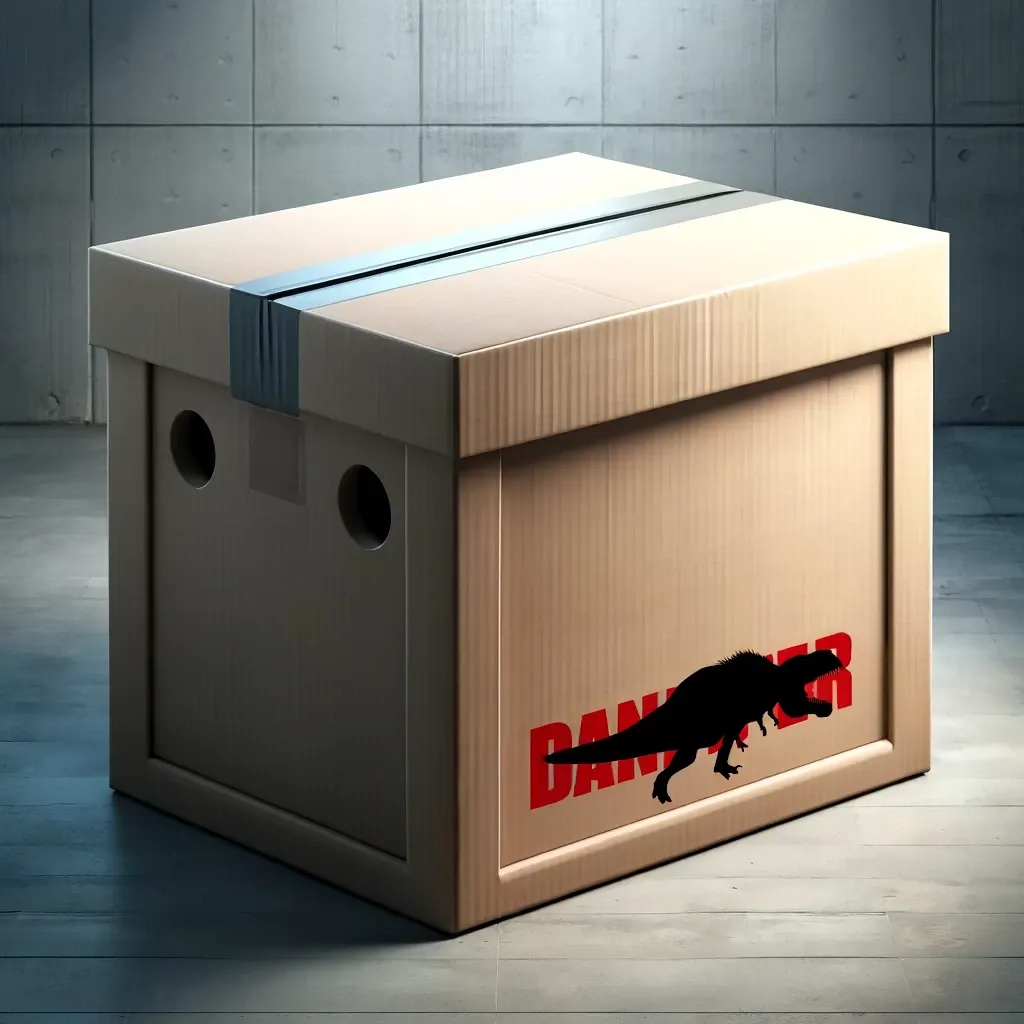 The dinosaur silhouette is now superimposed over the red letters. The word starts with Dan and ends with R, but there is room for one or two extra letters in the part of the word that's hidden by the dinosaur. The dinosaur's silhouette looks even more toothless and goofy.